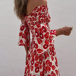 Off Shoulder Bell Sleeves Abstract Print Swing Maxi Dress