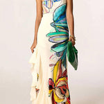 One Shoulder Sleeveless Floral Print Ruffle Slit Maxi Dress