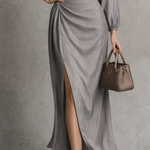 Women's Premium Gray Woven Twill Fabric Off-the-shoulder Top And Slit Skirt Set