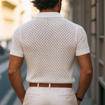 Men's Solid Hollow Out Plaid Knit Lapel Short Sleeve Polo Shirt