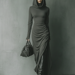 Women's Dark Grey High Elastic Knitted Hooded Maxi Dress