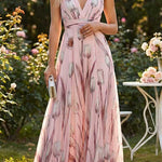 Deep V Neck Sleeveless Floral Print Swing Maxi Dress