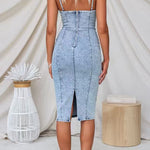 Spaghetti Strap Back Slit Denim Bodycon Dress