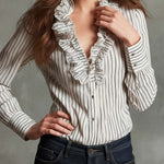 Vintage Cotton Stripe Ruffle V-Neck Button-Down Blouse