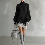 Women's Grey Knitted White Lace Turtleneck Comfortable Mini Dress