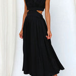 Margovil Mockneck Cut Out Waist Pockets Swing Dress