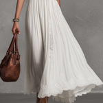 Women's Bohemian Style White Pearl Chiffon Lace Patchwork Off-the-shoulder Long Dress