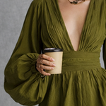 Women's Vacation Style Olive Green Cotton-blend V-neck Belted Jumpsuit Shorts