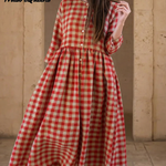 Vintage Plaid Print Button-up Loose Midi Dress