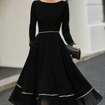 Long Sleeve Contrast Trim Midi Dress With Flared Skirt