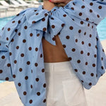 Lantern Long Sleeves Bow Back Slit Polka Dot Top