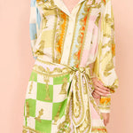 Margovil Long Sleeves Button Up Tie Waist Unique Print Wrap Mini Dress