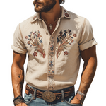 Men's Summer Fashion Classic Retro Western Style Embroidered Cotton and Linen Short Sleeve Shirt