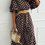 Lapel Lantern Short Sleeves Button Up Polka Dot Midi Dress