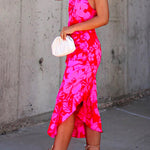 Margovil Cross Halter Backless Printed Irregular Ruffle Dress