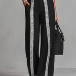 Women's Vintage Black Cotton And Linen Blend Wide-leg Pants Set With Lace Detailing