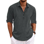 Men's Casual Solid Color Pullover Lapel Roll-Up Cotton and Linen Sleeve Long Sleeve Shirt