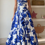 Strapless Ruched Bodice Full Skirt Floral Print Maxi Dress