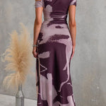 Asymmetrical Shoulder Draped Front Printed Maxi Dress