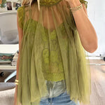 Mockneck Tulle Cover Up Top with Lace Camisole