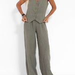Women's Fashion Solid Color Vest Trousers Collage Stitching Cotton and Linen Casual Suit
