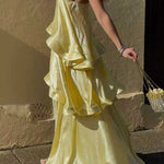 Margovil Spaghetti Strap Ruffle Layered Satin Maxi Dress