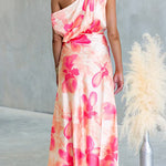 One Shoulder Floral Print Slit Satin Maxi Dress