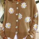 Round Neck Floral Embroidery Knitted Sweater Cardigan