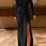 Margovil Deep V Neck Ruched Split Velvet Maxi Dress(5 Colors Available)