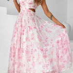 V Neck Sleeveless Cut Out Waist Floral Print Ruffle Maxi Dress