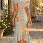 Margovil Off Shoulder Floral Print Irregular Hem Midi Dress