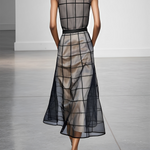 Women's Checkered Tulle Lapel Sleeveless Belted Maxi Dress