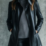 Women Simple Lapel Solid Color Faux Leather Jacket