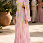One Shoulder Puff Long Sleeve Cut Out Waist Printed Maxi Dress