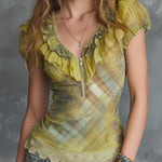 Boho Vintage Ruffled Zip-Front Sheer Top In Soft Moss Green