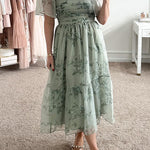 Square Neck Short Sleeve Ruched Floral Midi Dress