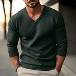Men's solid color V-neck long-sleeved knitted pullover sweater