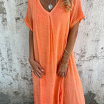 Bayside Bliss Linen Blend Short Sleeve Pleated Loose Midi Dress