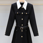 Elasticated Waist Long Sleeves Belted Buttoned Contrast Color Pleated Single-Breasted Lapel Mini Dresses Shirt Dress