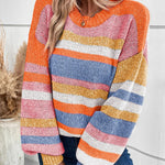 Multicolour Striped Knit Drop Shoulder Lantern Sleeve Sweater