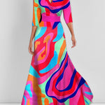 A-Line Elasticated Waist Contrast Color Printed Split-Joint V-Neck Maxi Dresses
