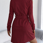 Elasticated Waist Long Sleeves Belted Buttoned Single-Breasted Solid Color Lapel Collar Mini Dresses Shirt Dress