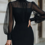 High-Neck Sheer Sleeve Tailored Midi Dress
