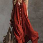 Vintage And Charming Red Cotton And Linen Sleeveless Maxi Dress