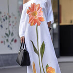 Loose Three-Quarter Sleeves Asymmetric Flower Print Pockets One-Shoulder Maxi Dresses