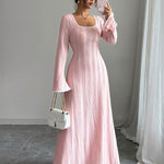 A-Line Bodycon Ribbed Knit Split-Joint Square-Neck Maxi Dresses