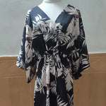 Original Loose Leaf Printed Contrast Color Tied Buttoned Mini Shirt Dress
