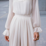 Ruffled High-Neck Chiffon Long-Sleeve Dress