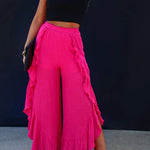 Rose Ruffle Slit High Waist Wide Leg Pants
