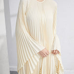 Urban Flared Batwing Sleeves Pleated Solid Color Round-Neck Midi Dresses